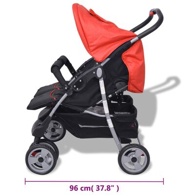 vidaXL Otroški voziček za dvojčke jeklen rdeč in črn