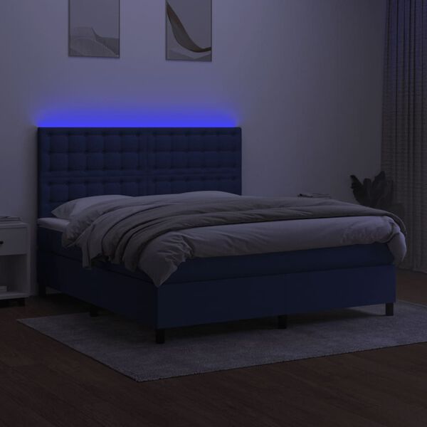 vidaXL Box spring postelja z vzmetnico LED modra 160x200 cm blago