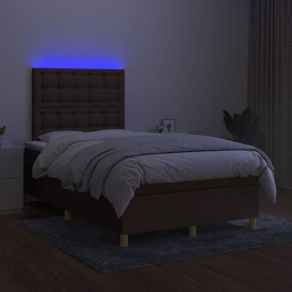 vidaXL Box spring postelja z vzmetnico LED tem. rjava 120x200 cm blago