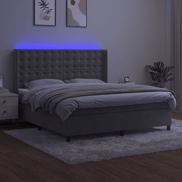 vidaXL Box spring postelja z vzmetnico LED svetlo siva 160x200cm žamet