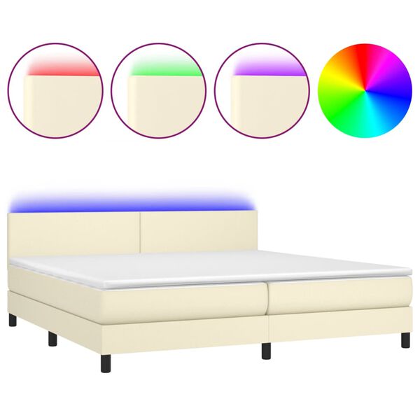 vidaXL Box spring postelja z vzmetnico LED krem 200x200cm umetno usnje