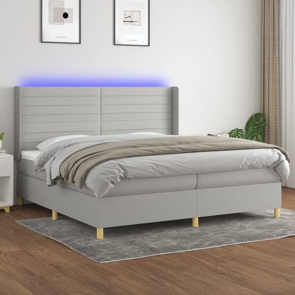 vidaXL Box spring postelja z vzmetnico LED sv. siva 200x200 cm blago