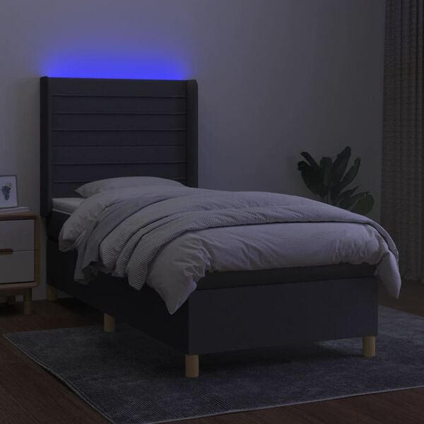 vidaXL Box spring postelja z vzmetnico LED temno siva 90x190 cm blago