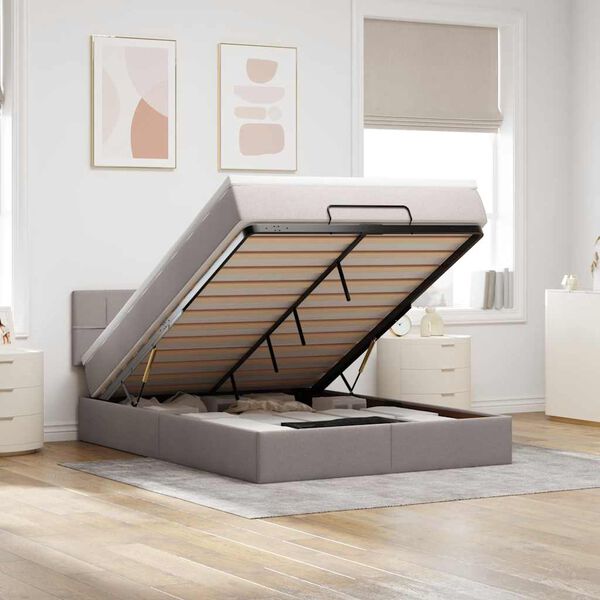 vidaXL Otomanska postelja z vzmetnico & LEDs taupe 140x200 cm blago