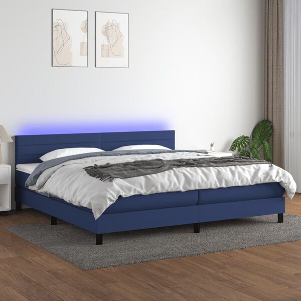 vidaXL Box spring postelja z vzmetnico LED modra 200x200 cm blago