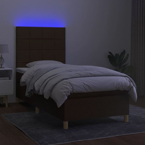 vidaXL Box spring postelja z vzmetnico LED temno rjava 90x190 cm blago
