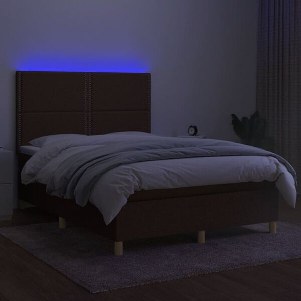 vidaXL Box spring postelja z vzmetnico LED temno rjava 140x200cm blago
