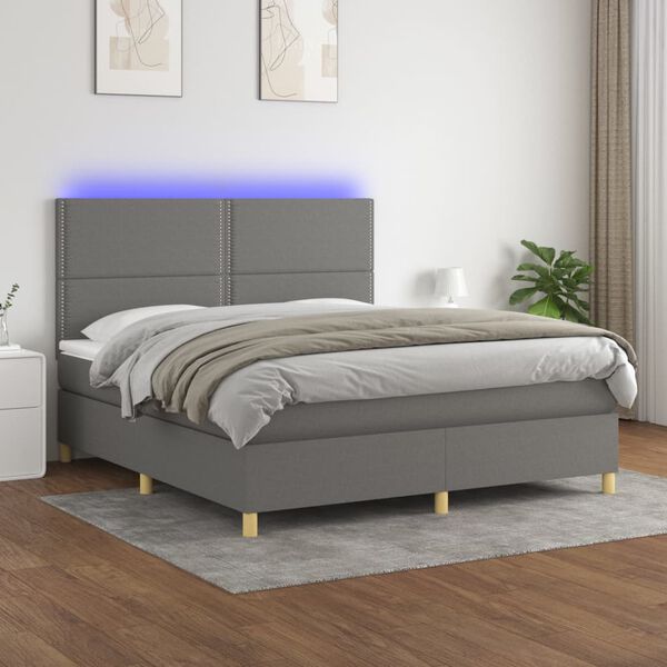 vidaXL Box spring postelja z vzmetnico LED temno siva 180x200 cm blago
