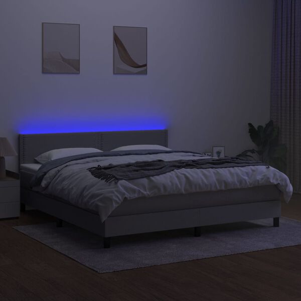 vidaXL Box spring postelja z vzmetnico LED sv. siva 180x200 cm blago
