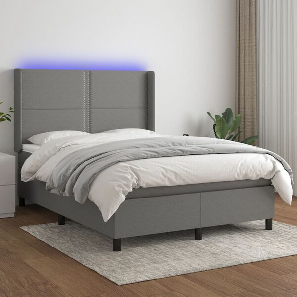 vidaXL Box spring postelja z vzmetnico LED temno siva 140x200 cm blago