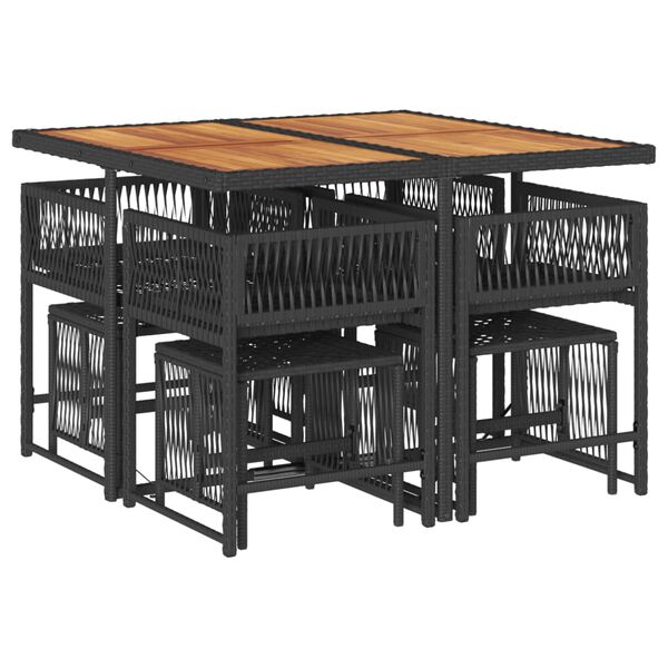 vidaXL Vrtna jedilna garnitura 9-delna z blazinami črn poli ratan