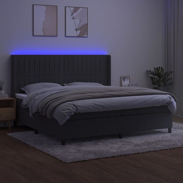 vidaXL Box spring postelja z vzmetnico LED temno siva 200x200 cm žamet