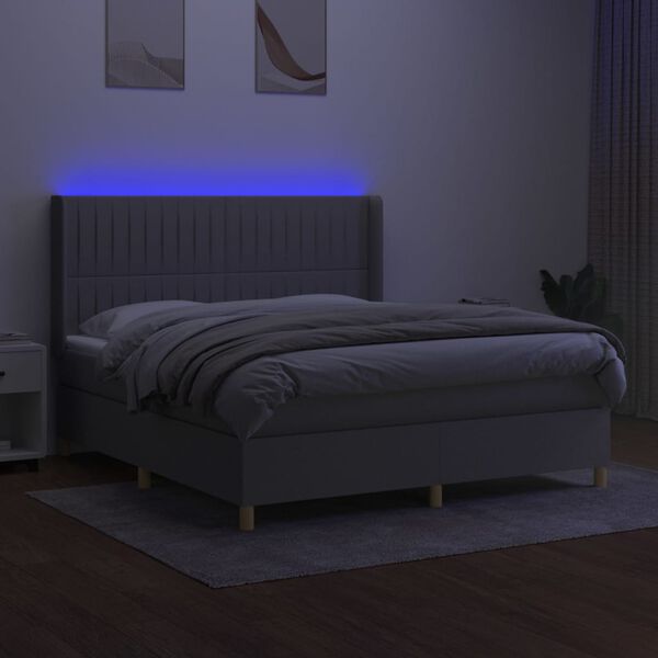 vidaXL Box spring postelja z vzmetnico LED sv. siva 160x200 cm blago