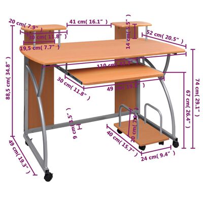 vidaXL Računalniška miza rjava 110x52x88,5 cm inženirski les