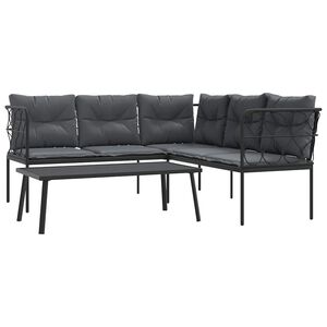vidaXL Vrtni kavč z blazinami oblika črke L črno jeklo in tekstilen