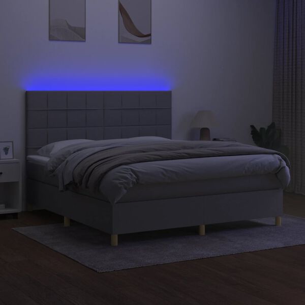 vidaXL Box spring postelja z vzmetnico LED sv. siva 180x200 cm blago
