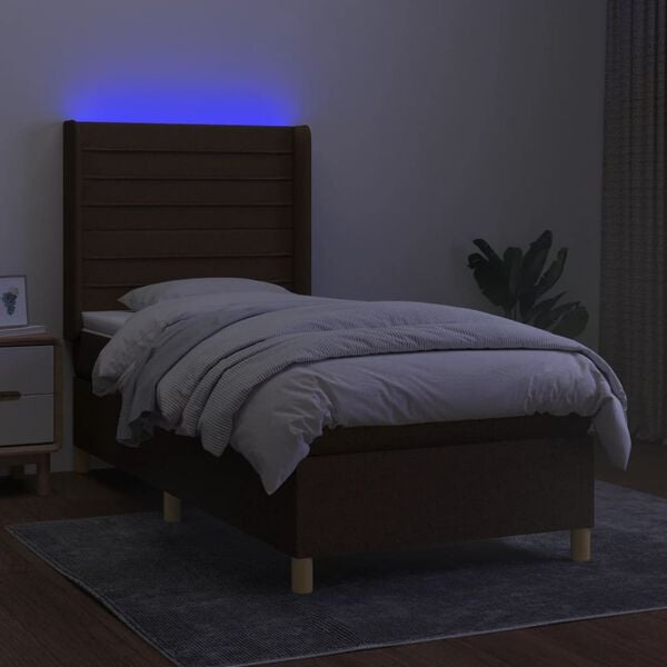 vidaXL Box spring postelja z vzmetnico LED temno rjava 90x200 cm blago