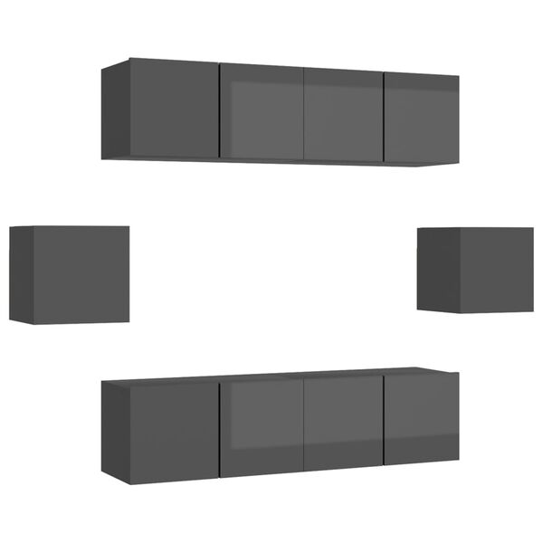 vidaXL Komplet TV omaric 6-delni visok sijaj siva iverna plo&scaron;ča