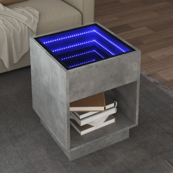 vidaXL Klubska mizica z neskončnimi LED betonsko siva 40x40x50 cm