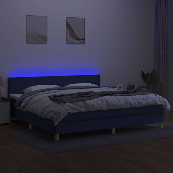 vidaXL Box spring postelja z vzmetnico LED modra 200x200 cm blago