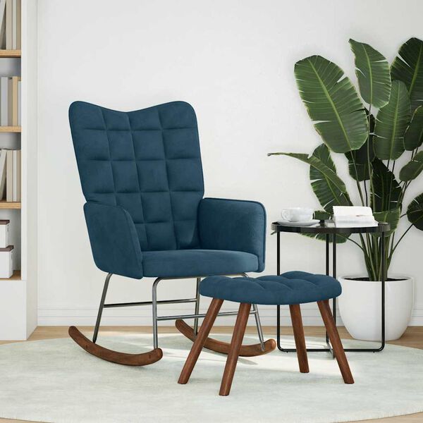 vidaXL Gugalni stol s stolčkom Modri žamet