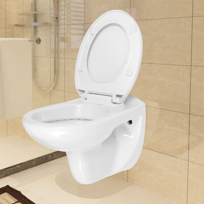 vidaXL Viseča WC školjka s počasnim zapiranjem keramična bela