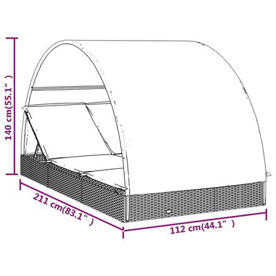 vidaXL Vrtni ležalnik za 2 osebi s streho siv 211x112x140cm poli ratan