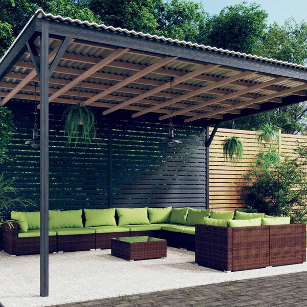 vidaXL Vrtna sedežna garnitura 11-delna z blazinami poli ratan rjava