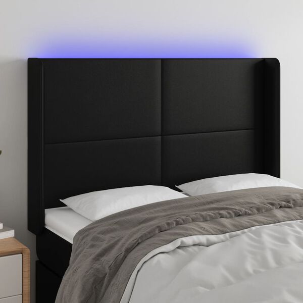 vidaXL LED posteljno vzglavje črno 147x16x118/128 cm umetno usnje