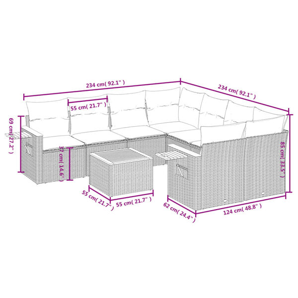 vidaXL Vrtna sedežna garnitura 9-delna z blazinami črn poli ratan