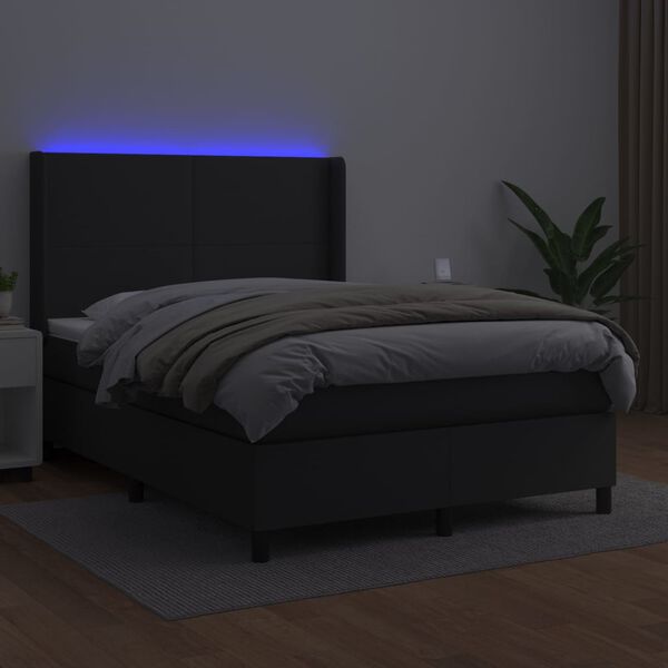 vidaXL Box spring postelja z vzmetnico LED črna 140x190 cm um. usnje