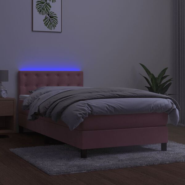 vidaXL Box spring postelja z vzmetnico LED roza 90x190 cm žamet