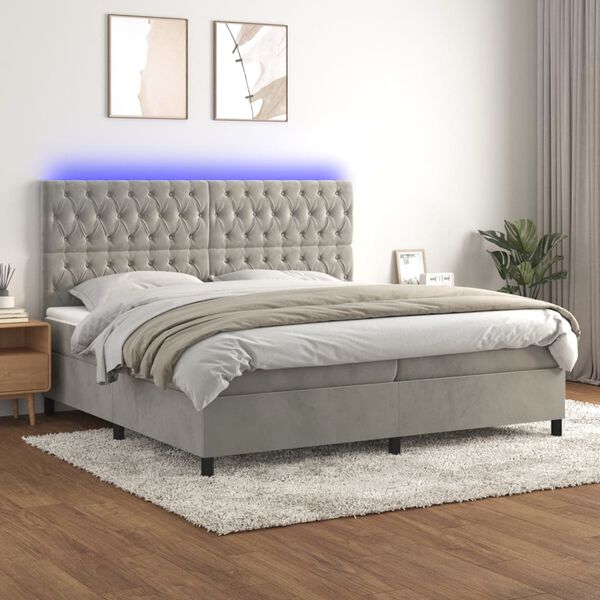 vidaXL Box spring postelja z vzmetnico LED svetlo siva 200x200cm žamet