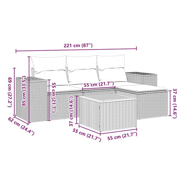 vidaXL Vrtna sedežna garnitura 5-delna z blazinami črn poli ratan