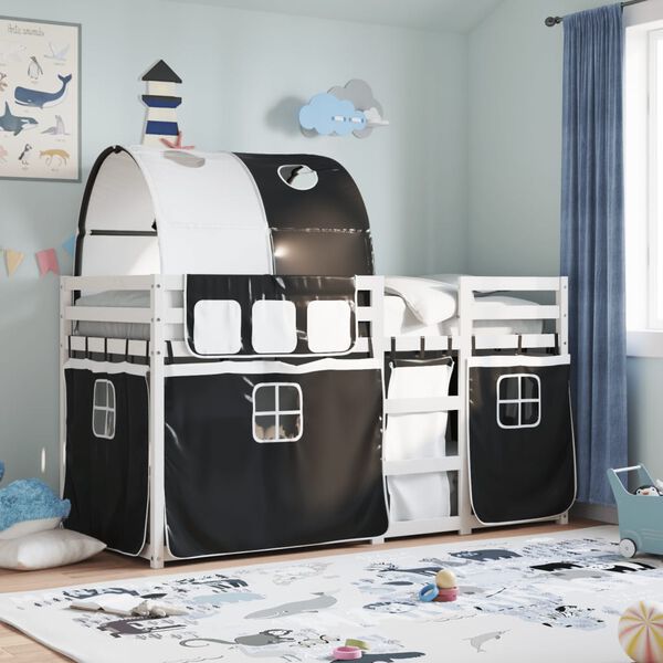 vidaXL Pograd z zavesami bel in črn 90x190 cm trdna borovina