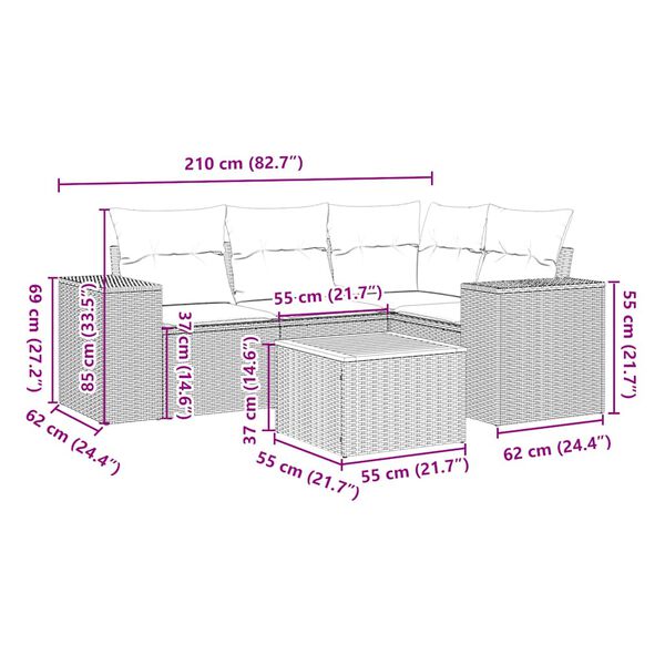 vidaXL Vrtna sedežna garnitura 5-delna z blazinami črn poli ratan