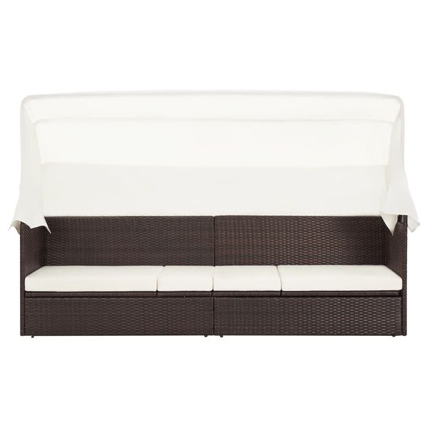 vidaXL Vrtni kavč s streho poli ratan rjav