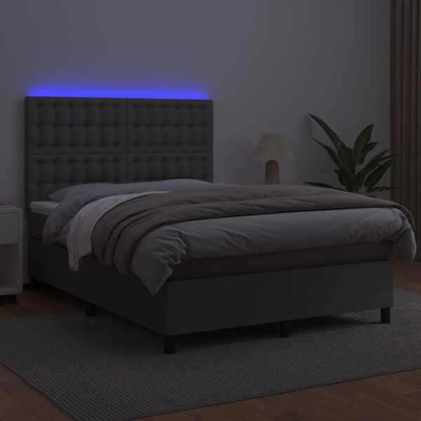 vidaXL Box spring postelja z vzmetnico LED siva 140x200cm umetno usnje