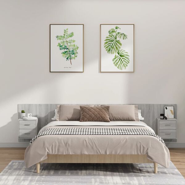 vidaXL Posteljno vzglavje z omaricami siva sonoma konstruiran les