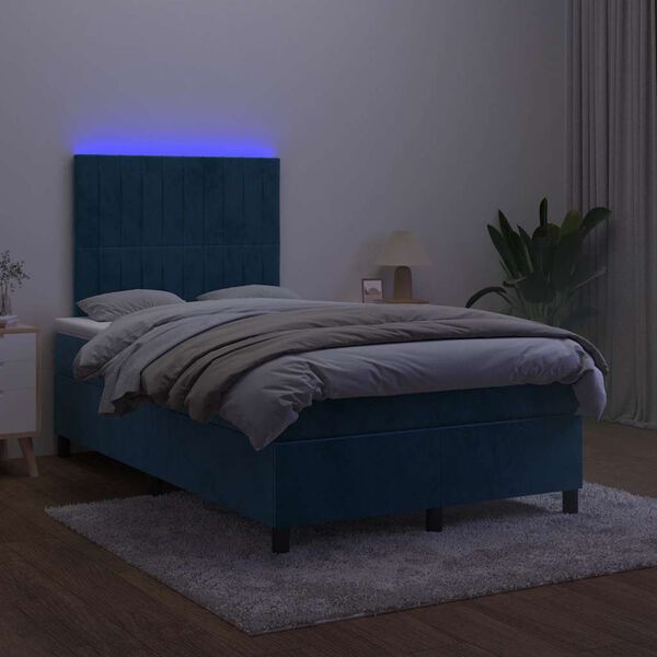 vidaXL Box spring postelja z vzmetnico LED tem. modra 120x190 cm žamet