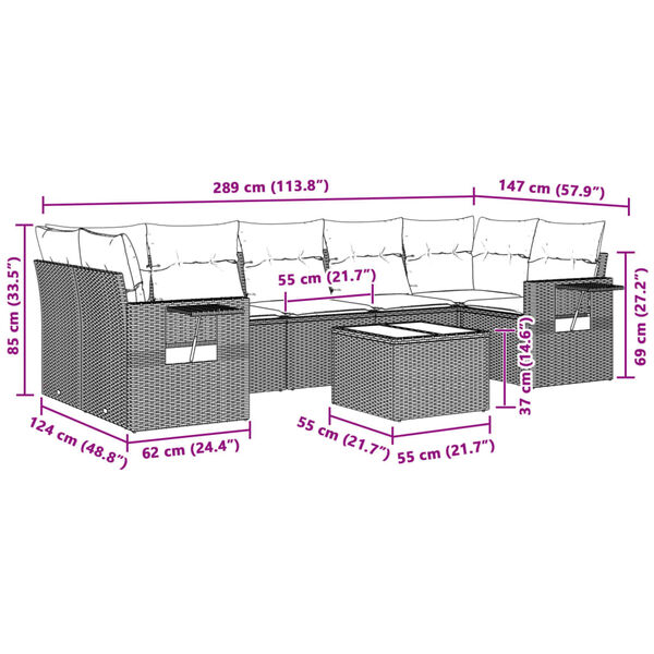 vidaXL Vrtna sedežna garnitura 8-delna z blazinami sv. siv poli ratan