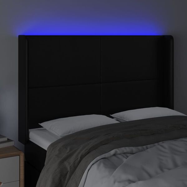 vidaXL LED posteljno vzglavje črno 147x16x118/128 cm umetno usnje
