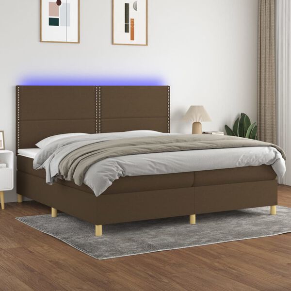 vidaXL Box spring postelja z vzmetnico LED temno rjava 200x200cm blago