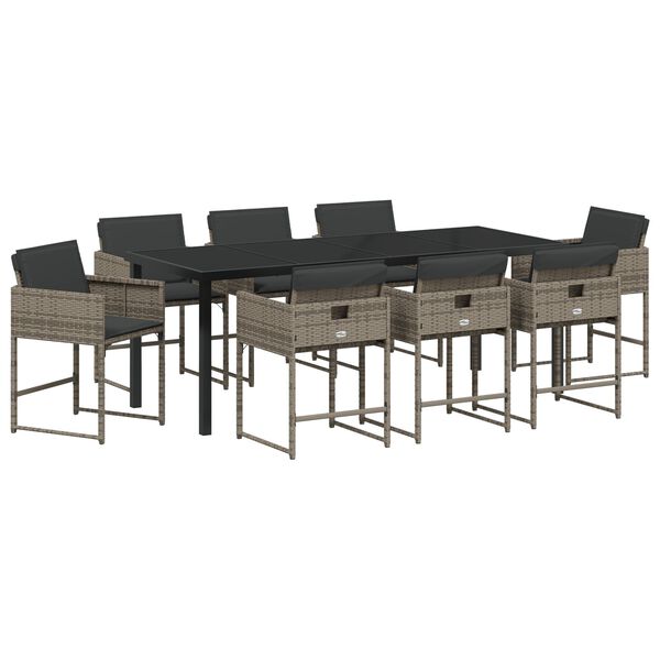 vidaXL Komplet za jedilnico v vrtu z blazino 9 pcs Siva poli ratan