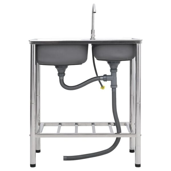 vidaXL Pomivalno korito za kamp dvojno korito s pipo nerjaveče jeklo