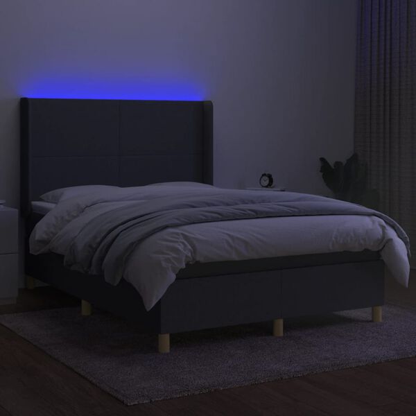 vidaXL Box spring postelja z vzmetnico LED temno siva 140x190 cm blago