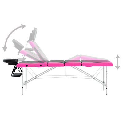 vidaXL 4-conska zložljiva masažna miza aluminij črna in roza