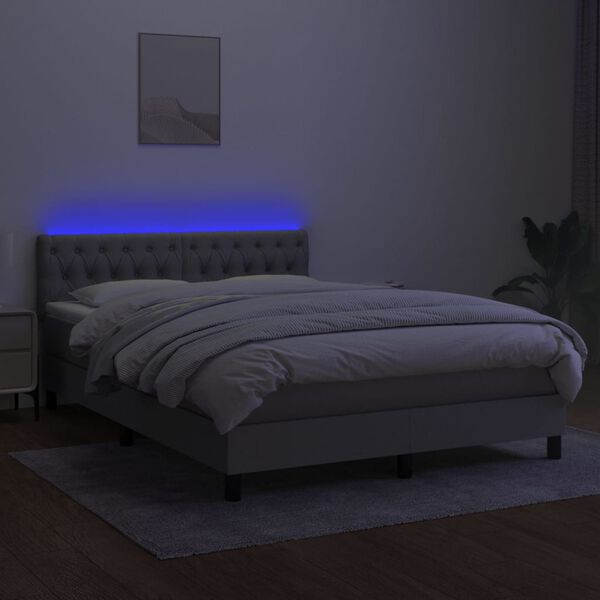 vidaXL Box spring postelja z vzmetnico LED svetlo siva 140x190cm blago