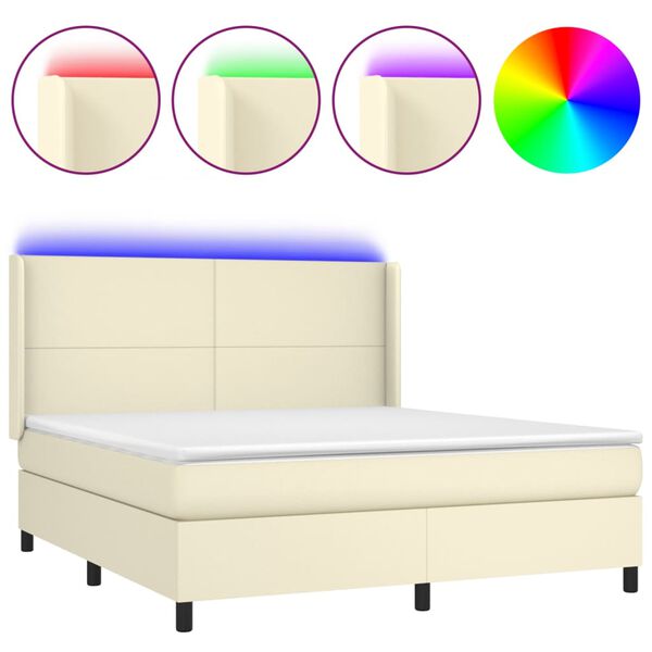 vidaXL Box spring postelja z vzmetnico LED krem 160x200cm umetno usnje