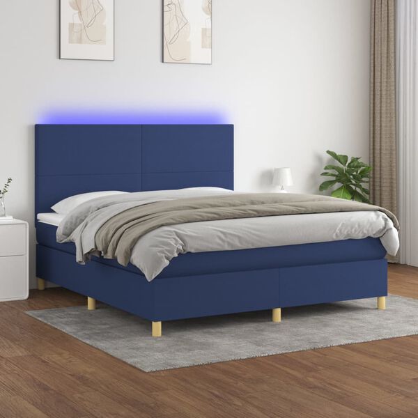 vidaXL Box spring postelja z vzmetnico LED modra 160x200 cm blago